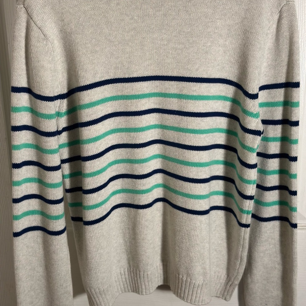 Striped Woman’s  Sweater - Gray with Blue and Green Accents